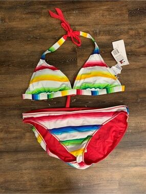 Women’s Rainbow Stripe Bikini Two-Piece - Red Accent